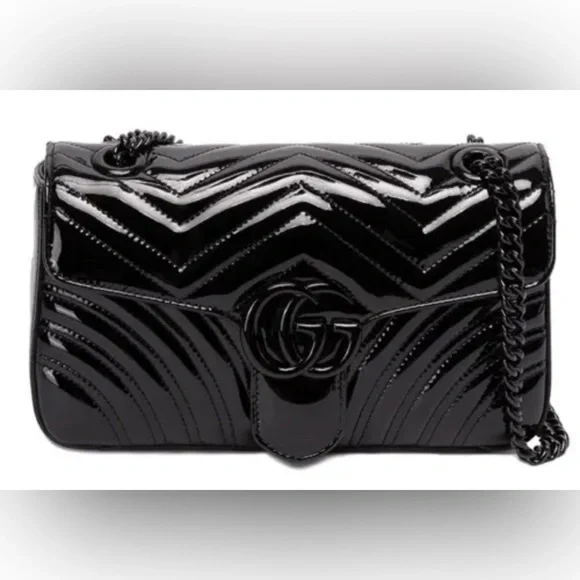 ❌❌SOLD!❌❌NEW Gucci Marmont GG Black Patent Leather Shoulder Bag Purse Authentic - Picture 1 of 11